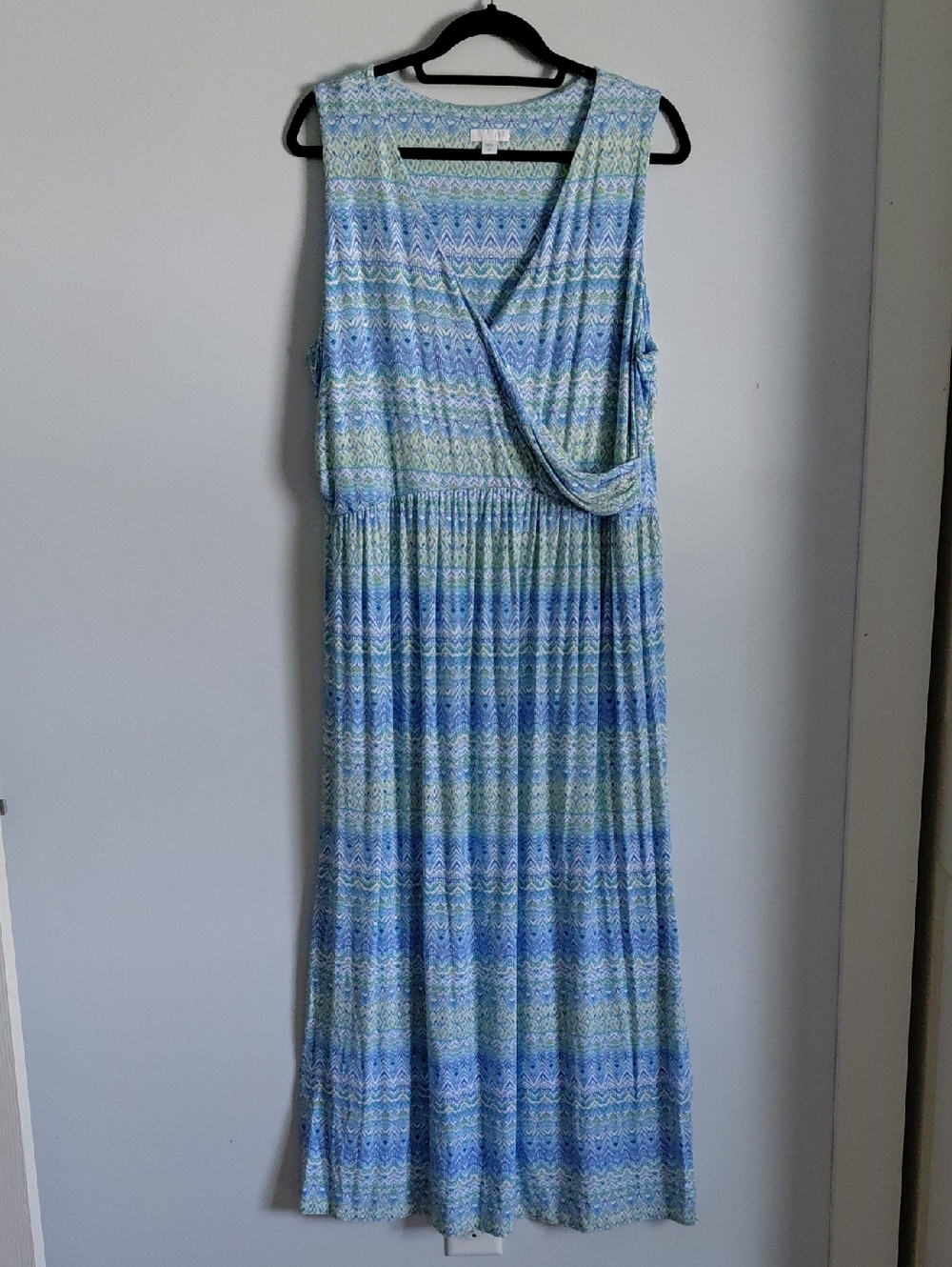 J. Jill Sleeveless Blue Green Print Faux Wrap V-Neck Maxi Dress XL Tall
